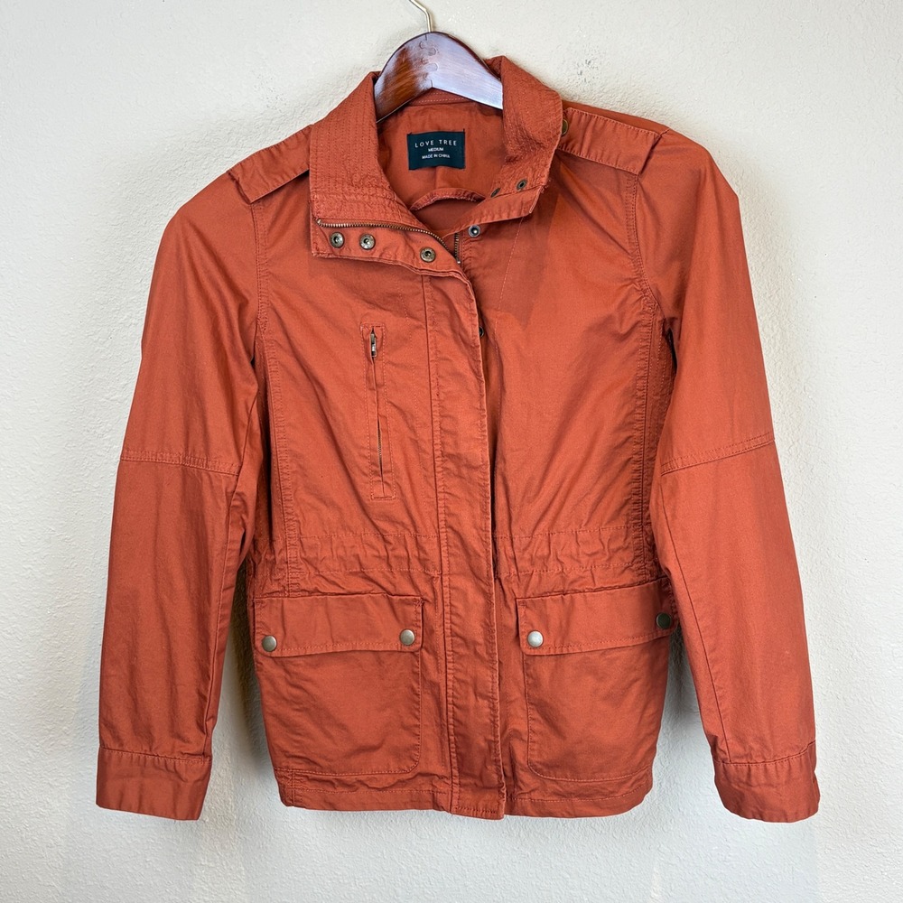 Love Tree Women Medium Utility Field Jacket Burnt Orange Cotton Zip Snap